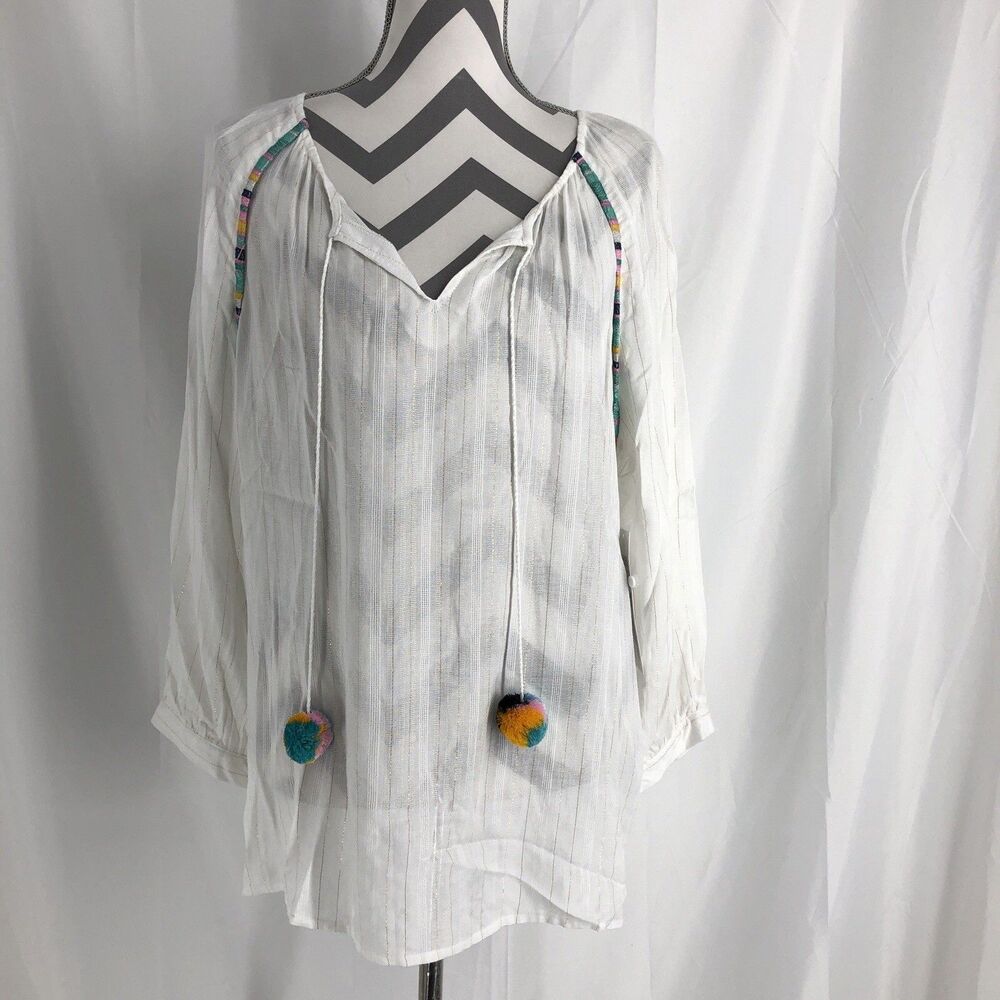 Tribal white boho peasant long sleeve Embroidered Detail Medium